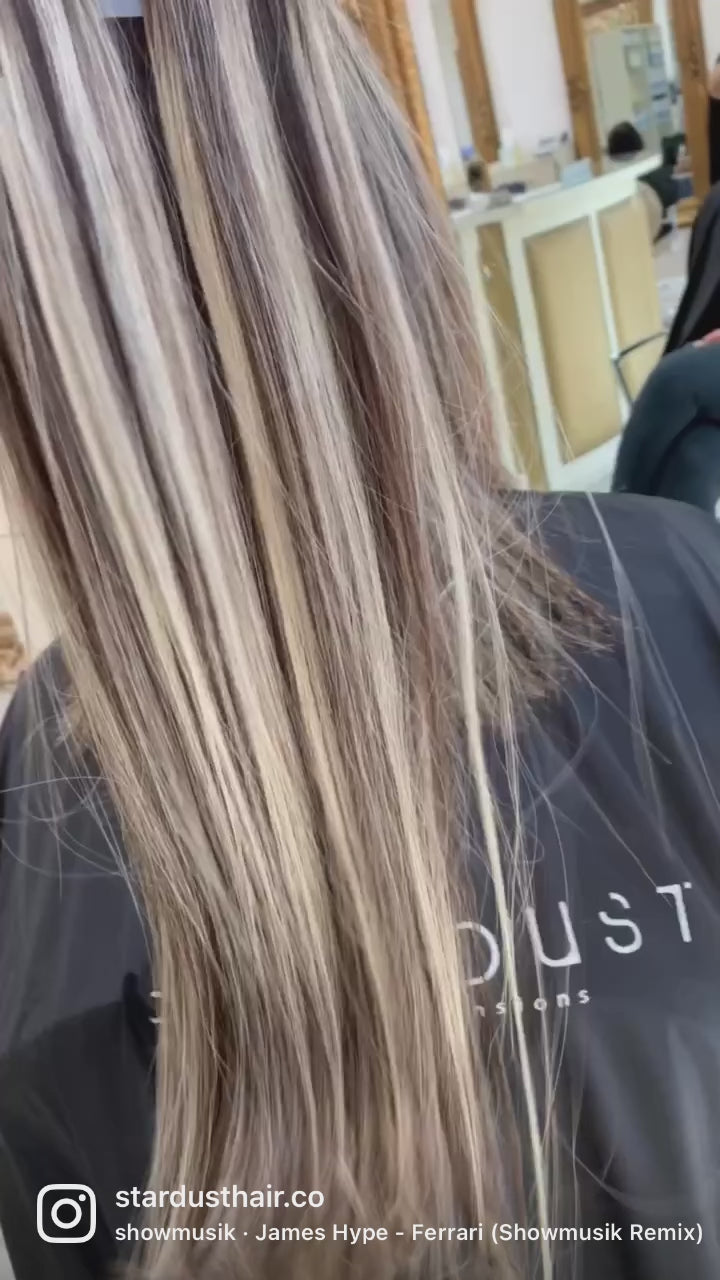 Load video: STARDUST Tape-In Color Balayage 1B/Silver (Off Black X Silver) Hair Extensions