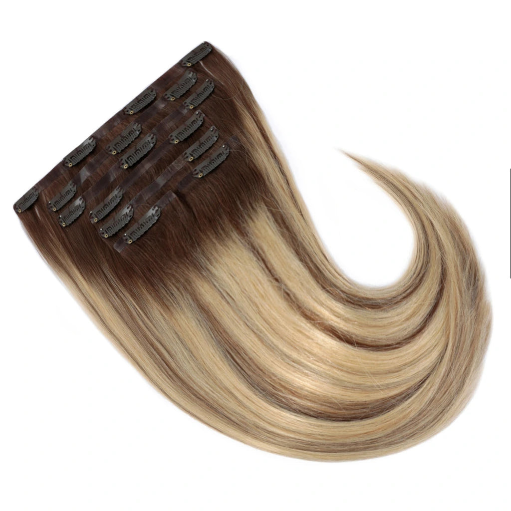 Clip in Color 8 613 Light Brown x ButteryBlonde Stardust Hair Extensions 20